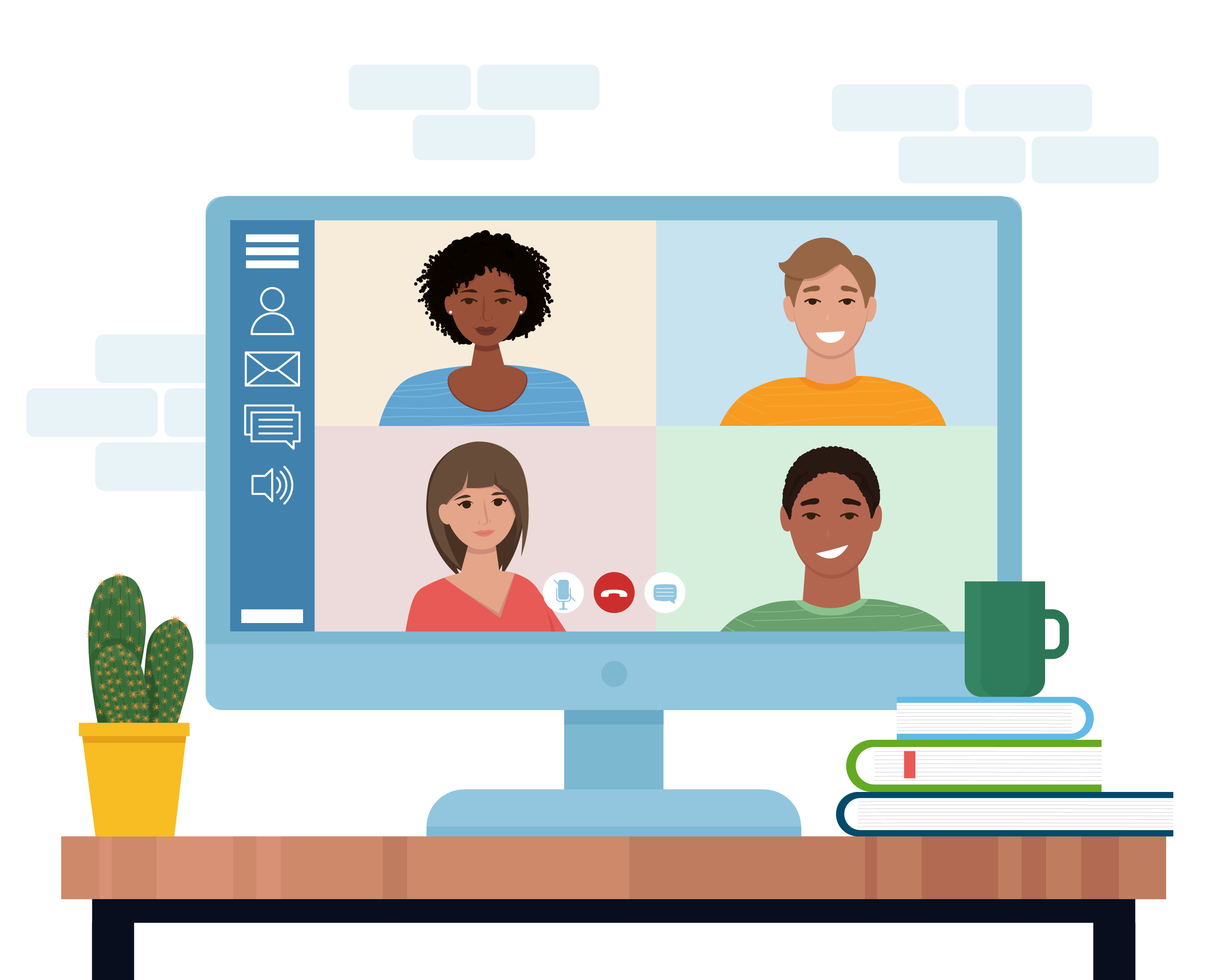 Video,Conference,With,People,Group.,Computer,Screen.,Vector,Illustration,In